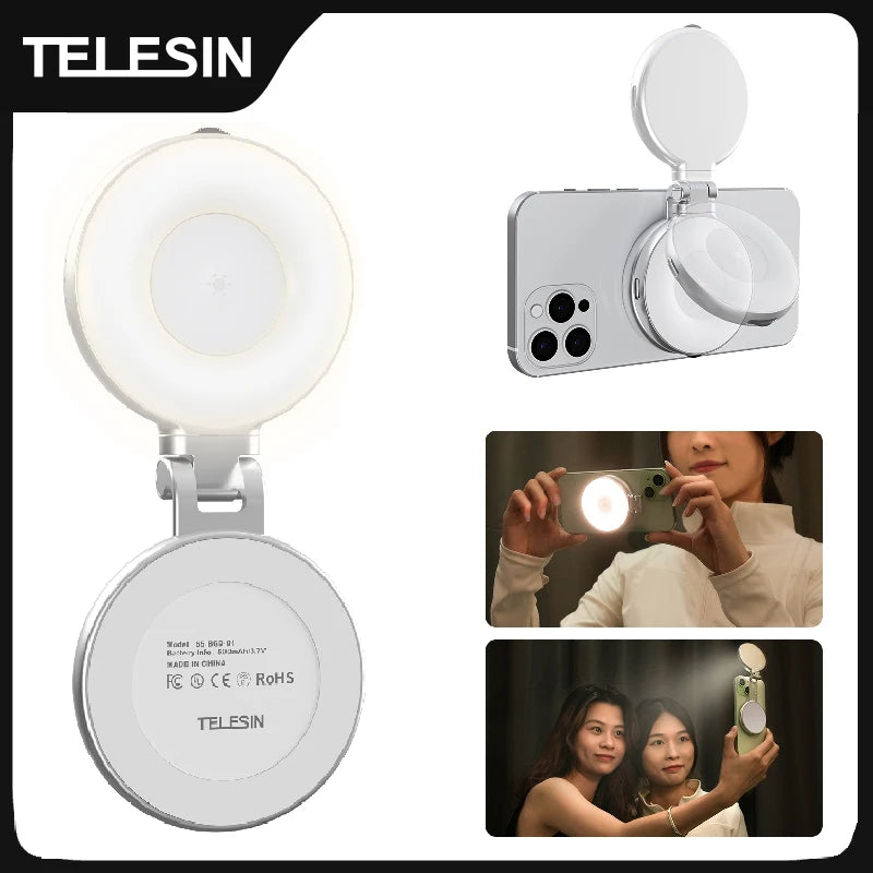 TELESIN Magnetic Mini Selfie Fill Light – 3 Brightness Modes, Adjustable Lighting for iPhone, Xiaomi, Huawei, Samsung Smartphones