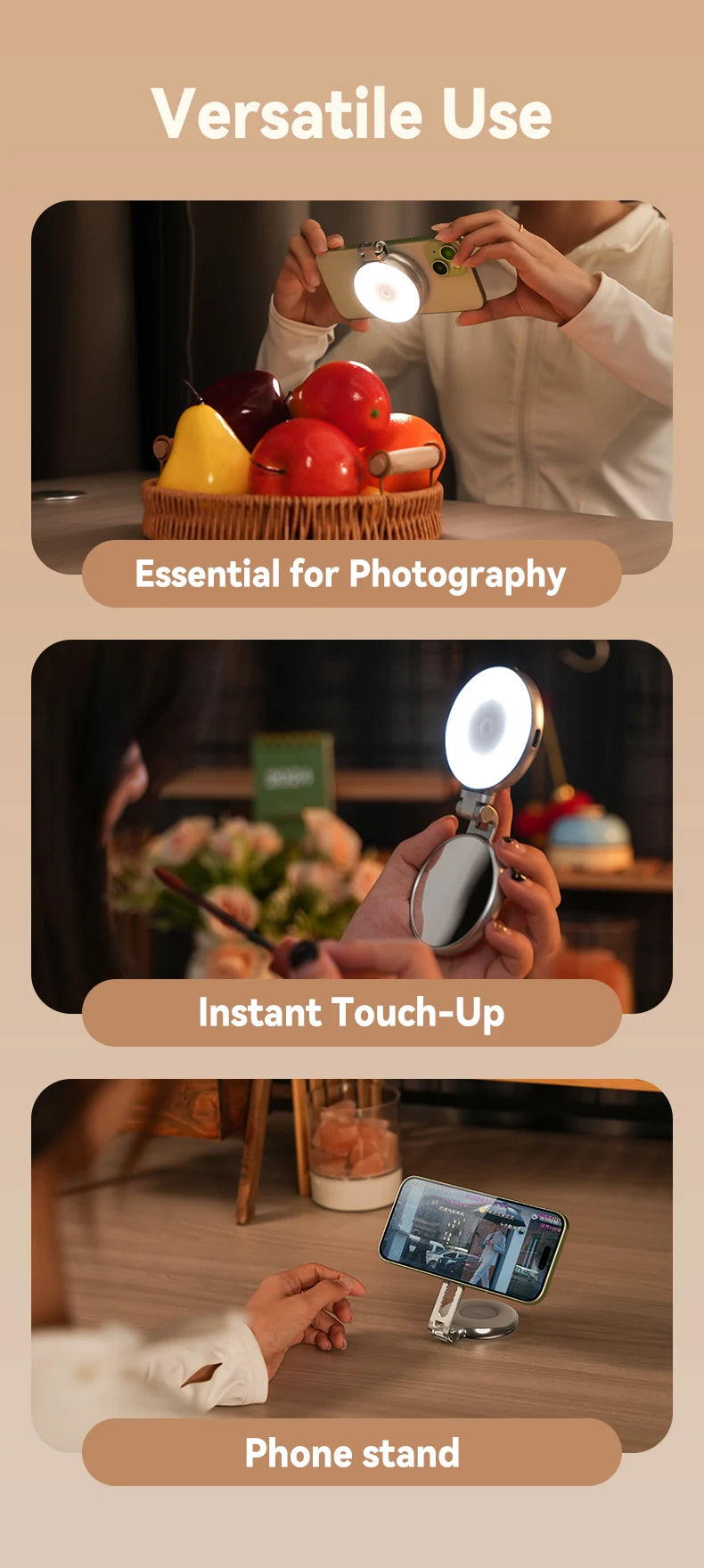 TELESIN Magnetic Mini Selfie Fill Light – 3 Brightness Modes, Adjustable Lighting for iPhone, Xiaomi, Huawei, Samsung Smartphones