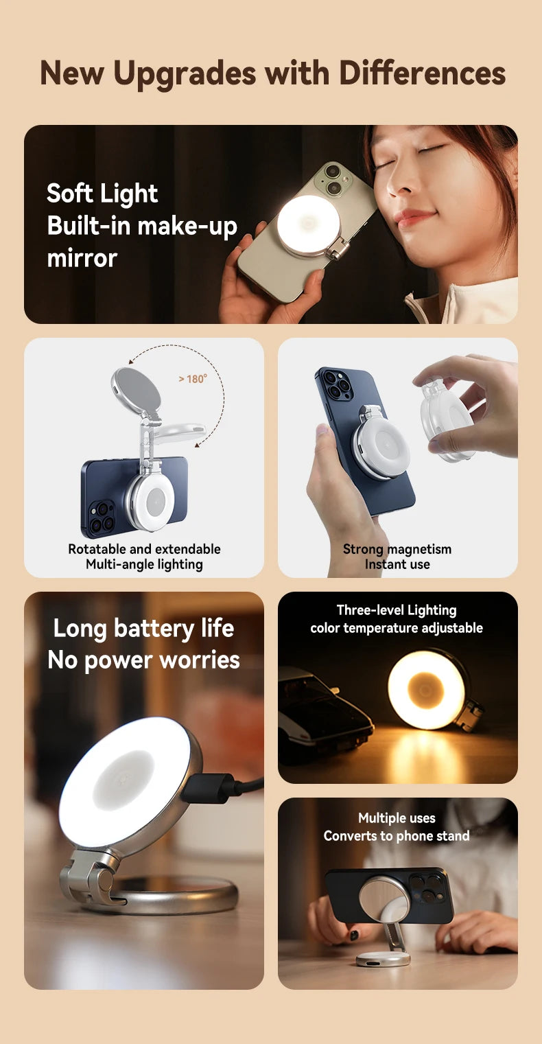 TELESIN Magnetic Mini Selfie Fill Light – 3 Brightness Modes, Adjustable Lighting for iPhone, Xiaomi, Huawei, Samsung Smartphones