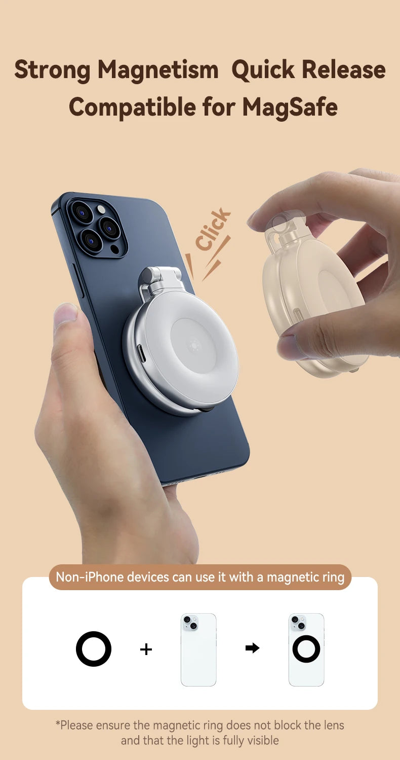 TELESIN Magnetic Mini Selfie Fill Light – 3 Brightness Modes, Adjustable Lighting for iPhone, Xiaomi, Huawei, Samsung Smartphones