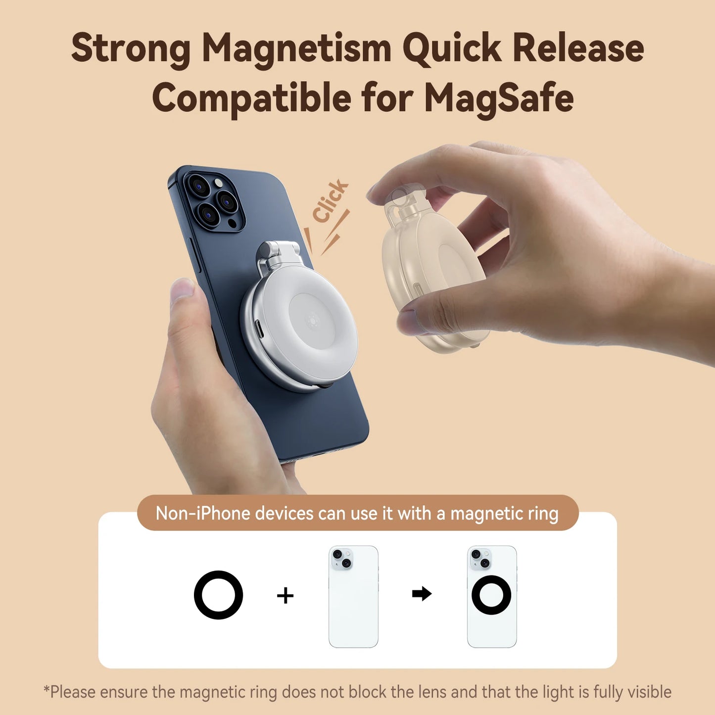 TELESIN Magnetic Mini Selfie Fill Light – 3 Brightness Modes, Adjustable Lighting for iPhone, Xiaomi, Huawei, Samsung Smartphones