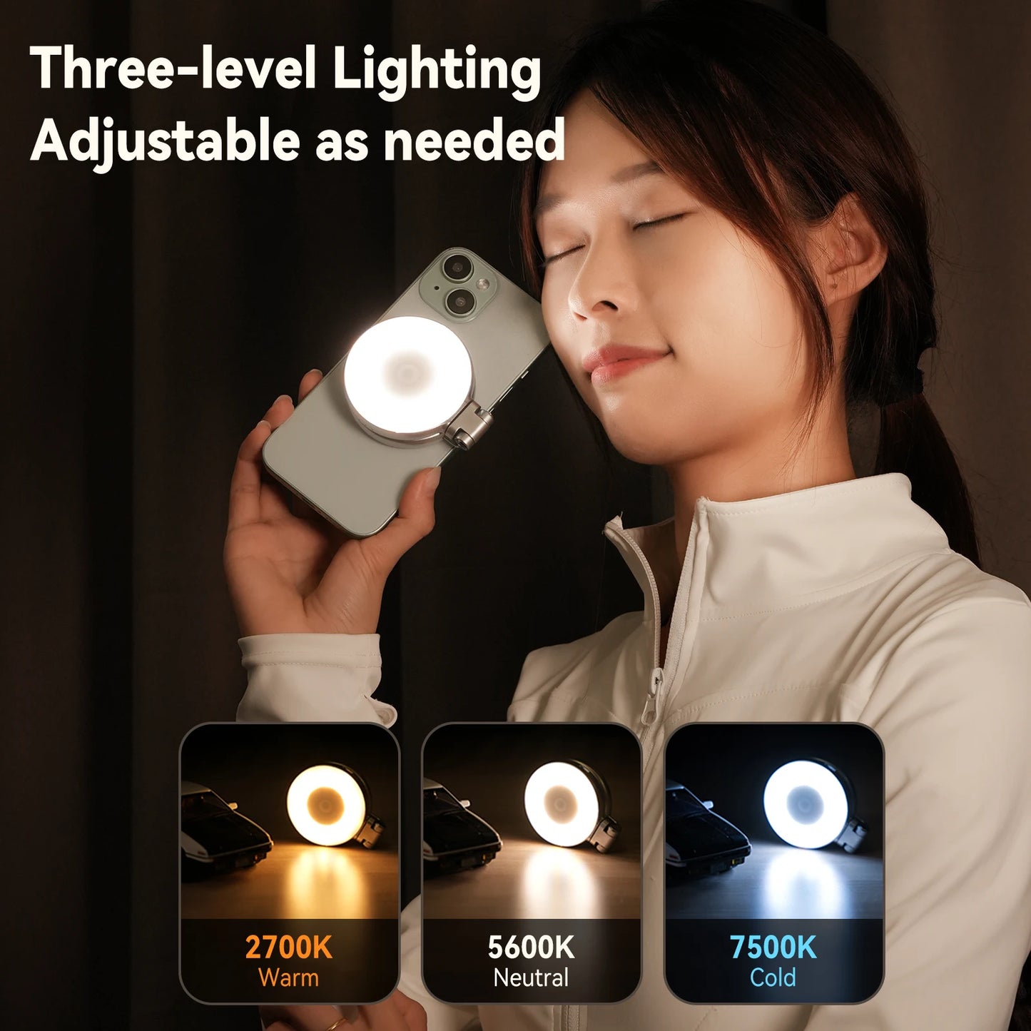 TELESIN Magnetic Mini Selfie Fill Light – 3 Brightness Modes, Adjustable Lighting for iPhone, Xiaomi, Huawei, Samsung Smartphones