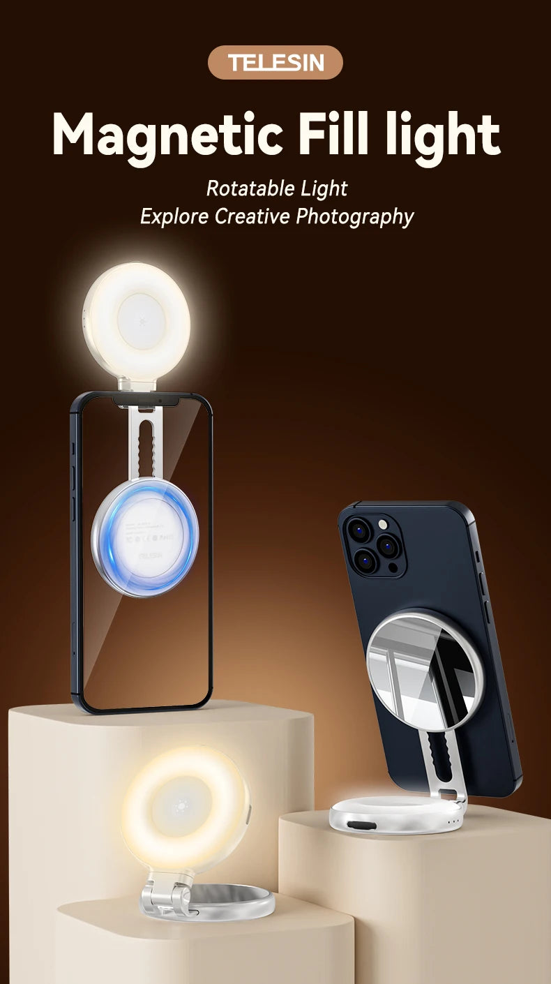 TELESIN Magnetic Mini Selfie Fill Light – 3 Brightness Modes, Adjustable Lighting for iPhone, Xiaomi, Huawei, Samsung Smartphones
