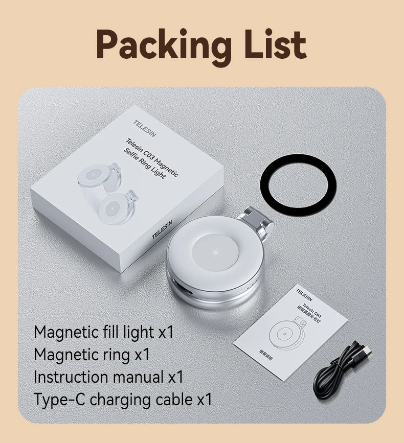 TELESIN Magnetic Mini Selfie Fill Light – 3 Brightness Modes, Adjustable Lighting for iPhone, Xiaomi, Huawei, Samsung Smartphones