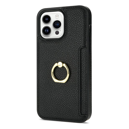 Premium Litchi Pattern Case – Card Wallet, Secure Ring Stand & Anti-Fall Protection