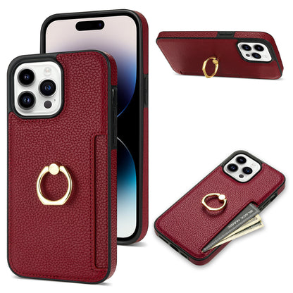 Premium Litchi Pattern Case – Card Wallet, Secure Ring Stand & Anti-Fall Protection