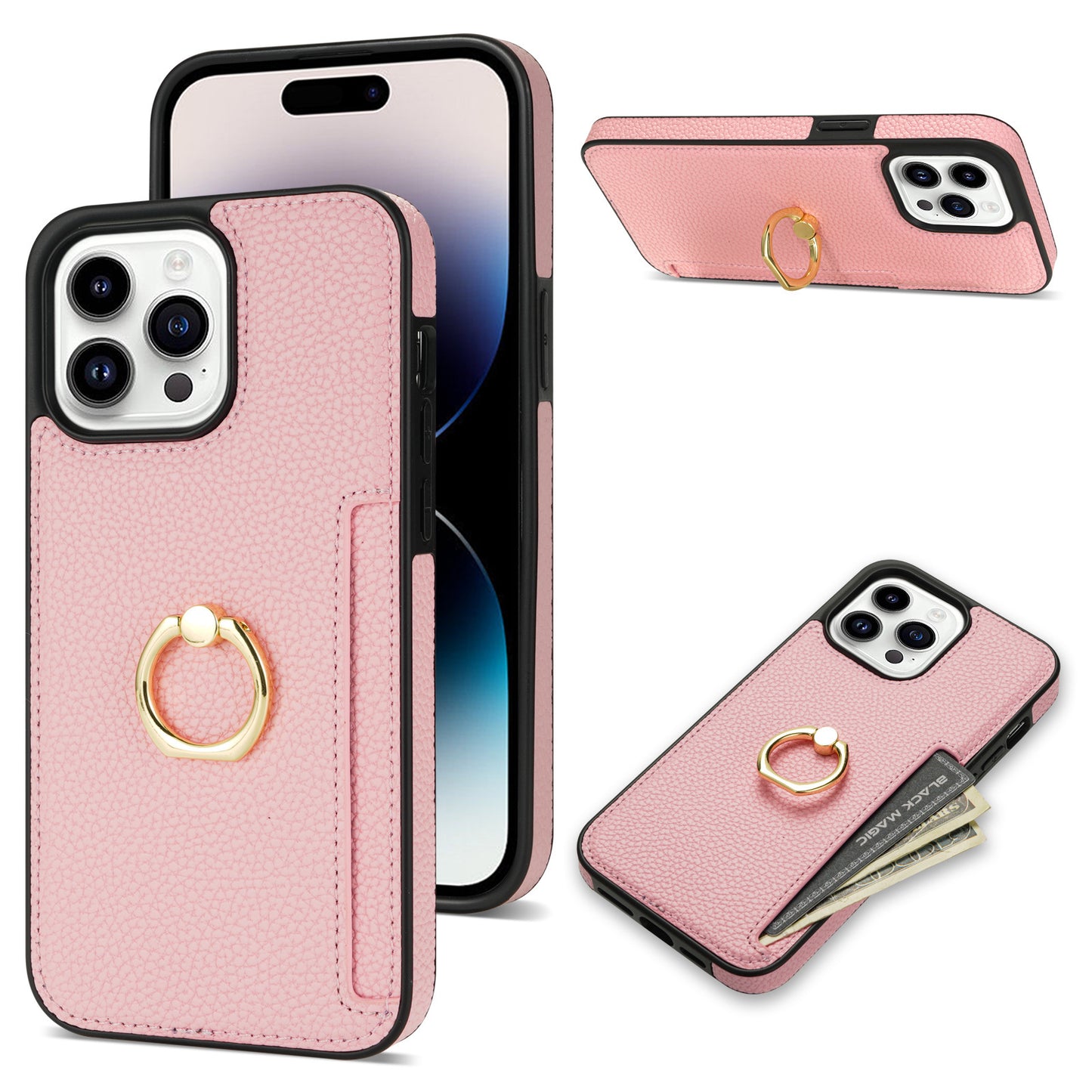 Premium Litchi Pattern Case – Card Wallet, Secure Ring Stand & Anti-Fall Protection