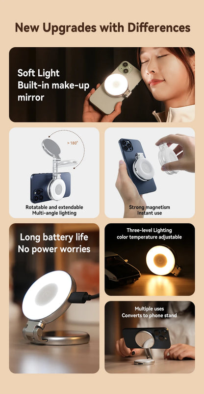 TELESIN Magnetic Mini Selfie Fill Light – 3 Brightness Modes, Adjustable Lighting for iPhone, Xiaomi, Huawei, Samsung Smartphones