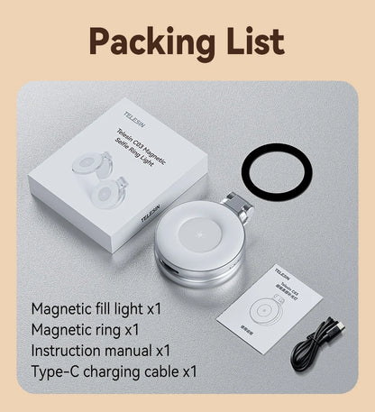TELESIN Magnetic Mini Selfie Fill Light – 3 Brightness Modes, Adjustable Lighting for iPhone, Xiaomi, Huawei, Samsung Smartphones