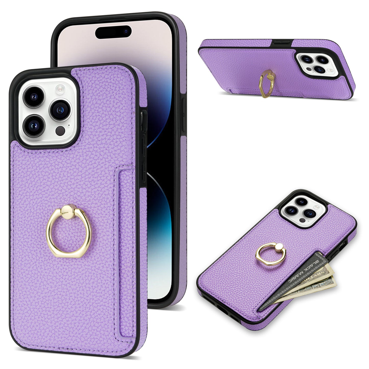 Premium Litchi Pattern Case – Card Wallet, Secure Ring Stand & Anti-Fall Protection