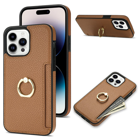 Premium Litchi Pattern Case – Card Wallet, Secure Ring Stand & Anti-Fall Protection
