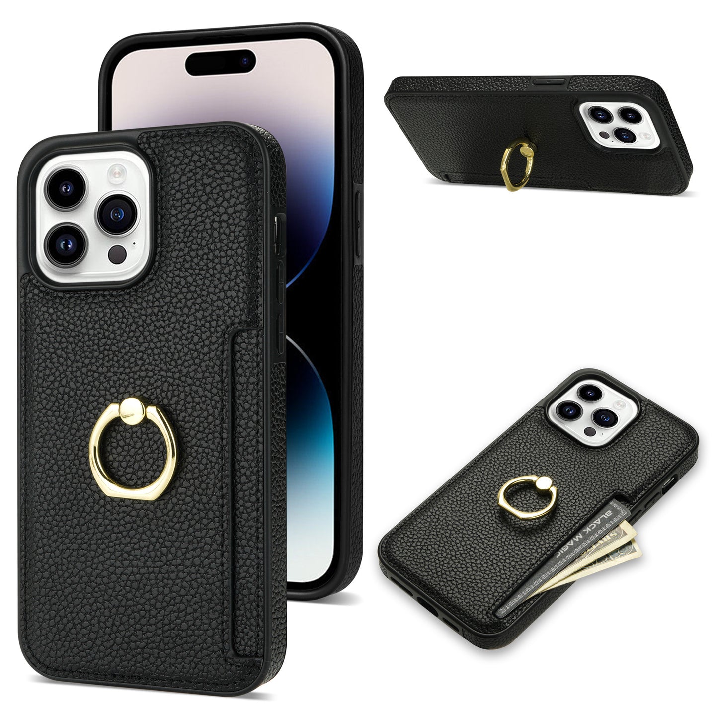 Premium Litchi Pattern Case – Card Wallet, Secure Ring Stand & Anti-Fall Protection