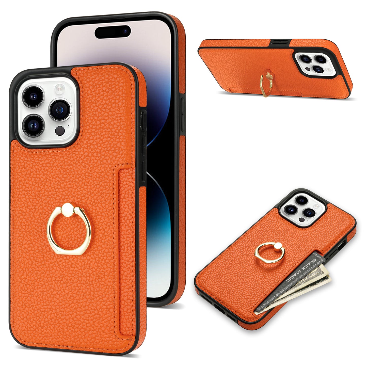 Premium Litchi Pattern Case – Card Wallet, Secure Ring Stand & Anti-Fall Protection