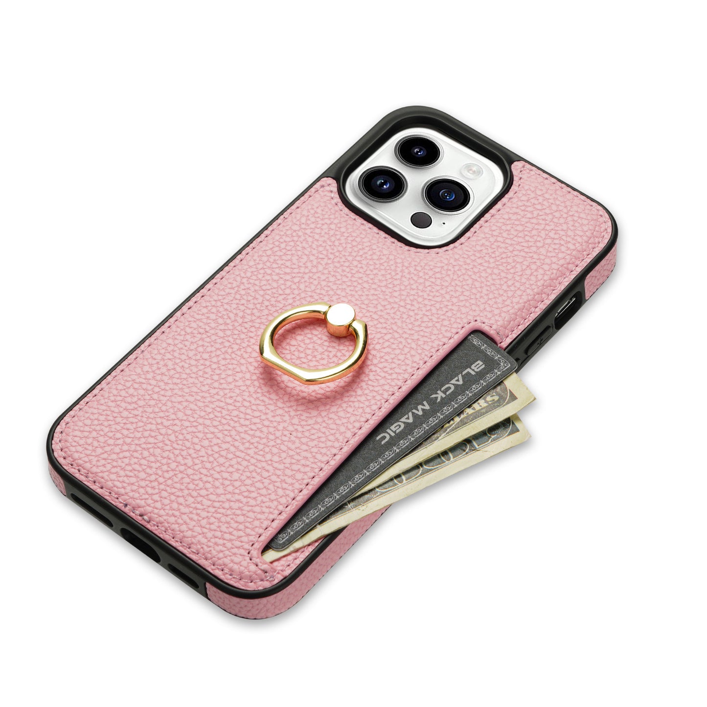 Premium Litchi Pattern Case – Card Wallet, Secure Ring Stand & Anti-Fall Protection